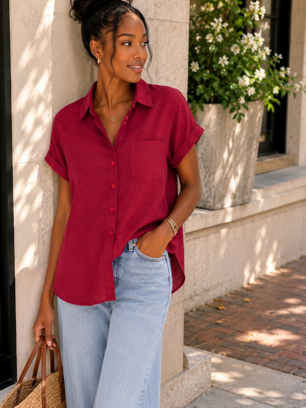 Relaxed Button-Front Shirt in Deep Red
